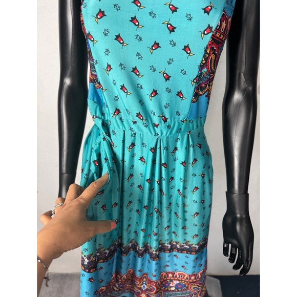 Reborn Paisley Print Midi Dress Teal Sleeveless Casual Boho Pocket M - Picture 10 of 11